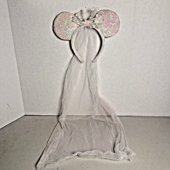 Disney Parks Minnie Mouse Bride Bridal Ears Veil Bow Sequin Headband Wedding - Picture 3 of 13